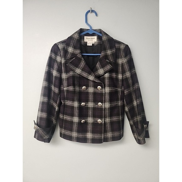 Helene Berman Womens Wool Blend Crop Coat Gray Tartan Plaid Double Breasted Sz S - Picture 1 of 8